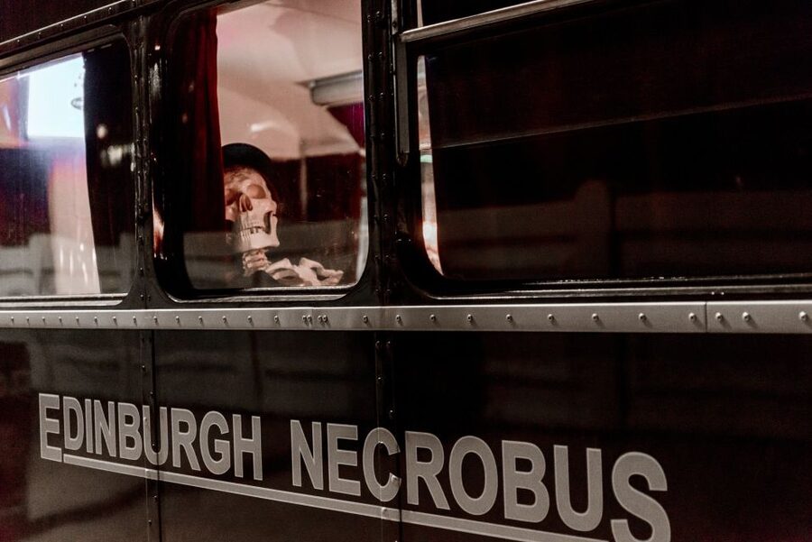 Edinburgh: Comedy Horror Ghost Bus Tour - Boarding the midnight-black double-decker